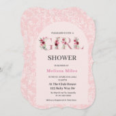 バラエレガント金ゴールドフローラレター女の子ベビーシャワー 招待状 (正面/裏面)