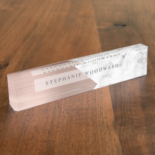 バラエレガント金ゴールドブラシ仕上げメタル白大理石 デスクネームプレート (側面)