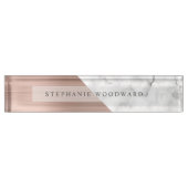 バラエレガント金ゴールドブラシ仕上げメタル白大理石 デスクネームプレート (正面)