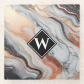 バラエレガント金ゴールドブラック大理石モノグラム ガラスコースター (正面)