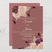 バラエレガント金ゴールドブルゴーニュグリッターフローラ結婚ズ 招待状 (正面/裏面)