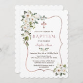 バラエレガント金ゴールドホワイトクリームフラワーバプテスマ 招待状 (正面/裏面)