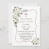 バラエレガント金ゴールドホワイトクリームフラワーバプテスマ 招待状 (正面)