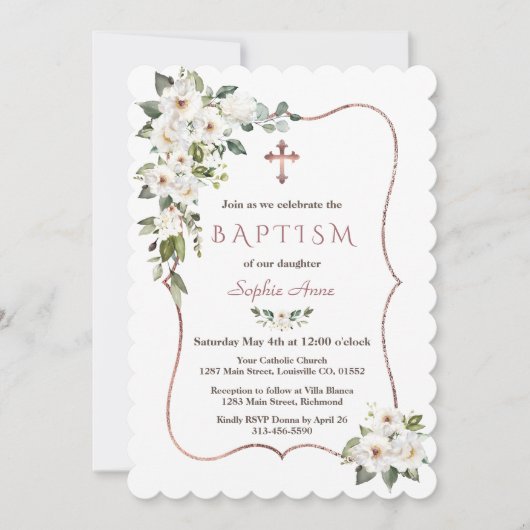 バラエレガント金ゴールドホワイトクリームフラワーバプテスマ 招待状 (正面)