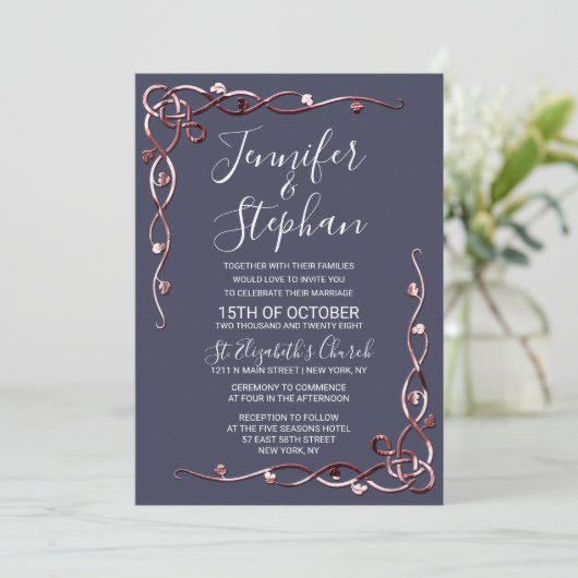 バラエレガント金ゴールドリービーつる植物ネイビーブルー結婚ズ 招待状 (スタンド正面)