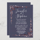バラエレガント金ゴールドリービーつる植物ネイビーブルー結婚ズ 招待状 (正面/裏面)