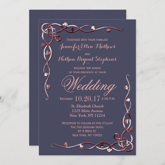 バラエレガント金ゴールドリーフつる植物オンネイビーブルー 招待状 (正面/裏面)