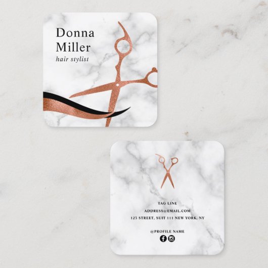 バラエレガント金ゴールド大理石はさみヘアスタイリスト スクエア名刺 (正面/裏面)