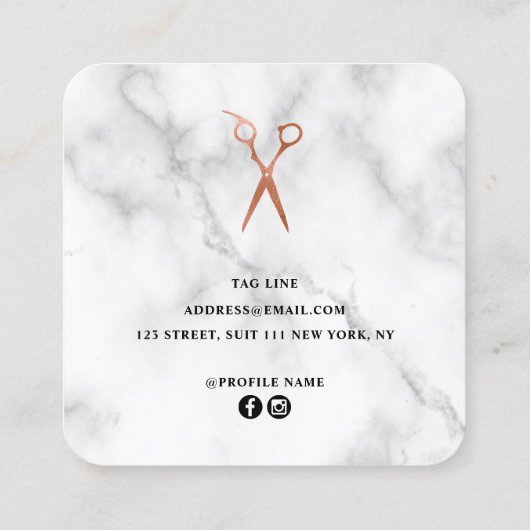 バラエレガント金ゴールド大理石はさみヘアスタイリスト スクエア名刺 (裏面)