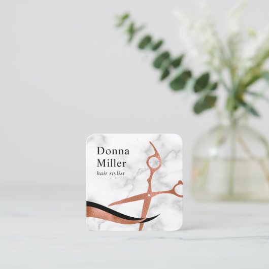 バラエレガント金ゴールド大理石はさみヘアスタイリスト スクエア名刺 (スタンド正面)