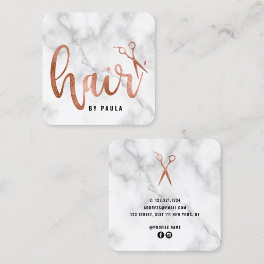 バラエレガント金ゴールド大理石はさみヘアスタイリスト スクエア名刺 (正面/裏面)