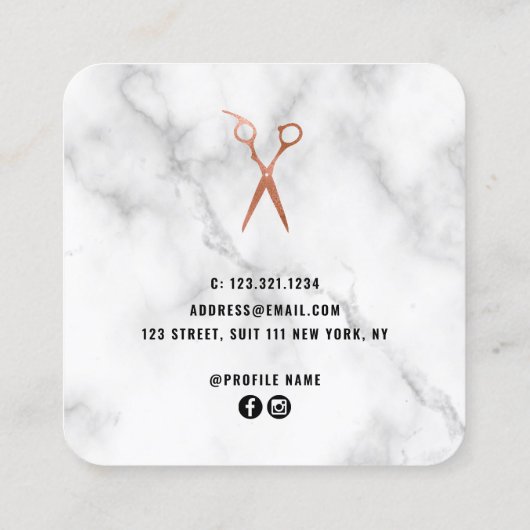 バラエレガント金ゴールド大理石はさみヘアスタイリスト スクエア名刺 (裏面)