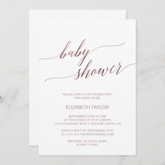 バラエレガント金ゴールド書道赤ちゃんシャワー 招待状 (正面/裏面)