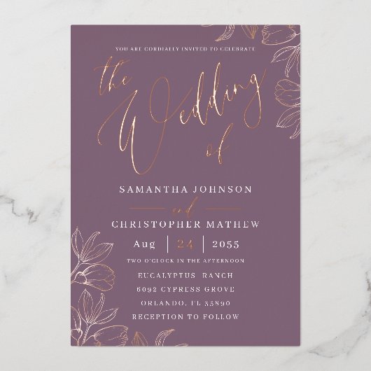 バラエレガント金ゴールド植物学結婚の 箔招待状 (正面)