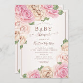 バラエレガント金ゴールド水色フローラベビーシャワー 招待状 (正面/裏面)