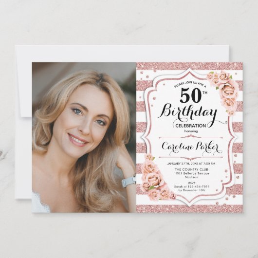 バラエレガント金ゴールド白写真第50誕生日 招待状 (正面)