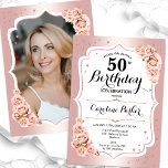 バラエレガント金ゴールド白写真第50誕生日 招待状<br><div class="desc">エレガントフローラ50歳の誕生日の招待状とカードの後ろの写真。Glamデザインとフェイクグリッターバラ金ゴールド。機能赤面ピンクのバラ、スクリプトのフォントと紙吹雪。大人スタイリッシュのお祝いパーティーに最適。独自の詳細でパーソナライズどんなカスタマイズ年でもいい！印刷されたZazzle招待状または即時ダウンロードのデジタル印刷可能なテンプレート。</div>