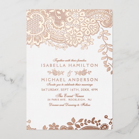 バラエレガント金ゴールド結婚ヴィンテージ 箔招待状 (正面)