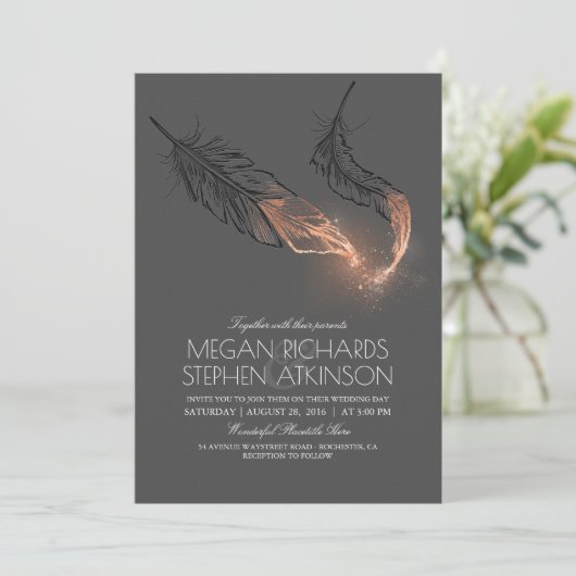 バラエレガント金ゴールド羽ビンテージウェディング 招待状 (スタンド正面)