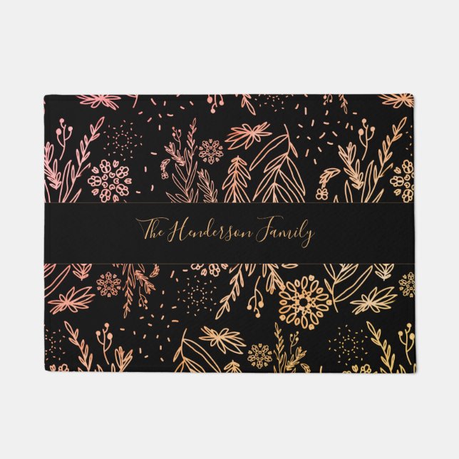 バラエレガント金ゴールド花柄の署名 ドアマット (正面)