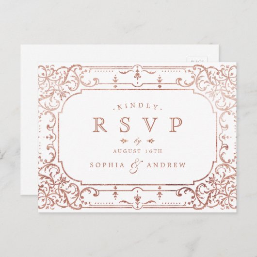 バラエレガント金ゴールド華美ヴィンテージ結婚式RSVP インビテーションポストカード (正面/裏面)