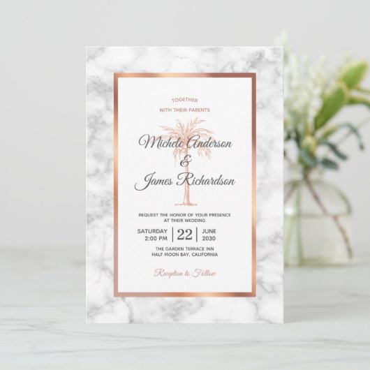 バラエレガント金ゴールド銅大理石パームツリー結婚ズ 招待状 (スタンド正面)