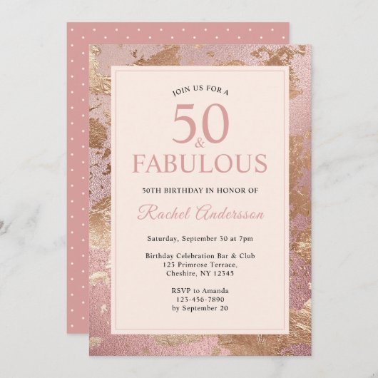 バラエレガント金ゴールド50と素晴らしい50誕生日 招待状 (正面/裏面)
