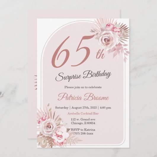 バラエレガント金ゴールド65thサプライズ誕生日パーティー 招待状 (正面/裏面)