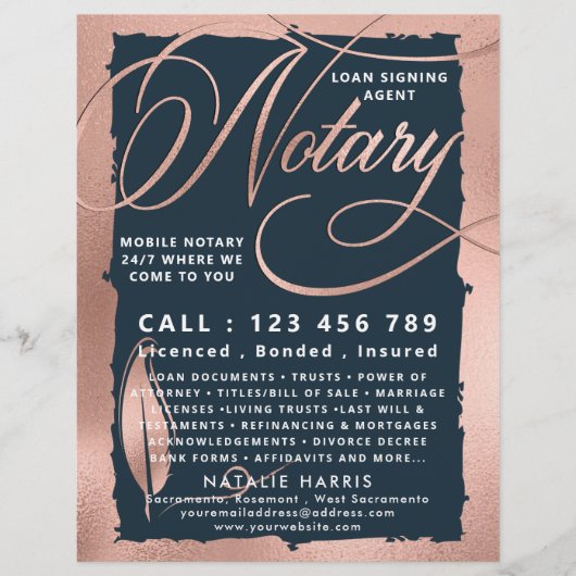 バラエレガント金ゴールド&ネイビー公証貸与業者フライヤー チラシ (正面)