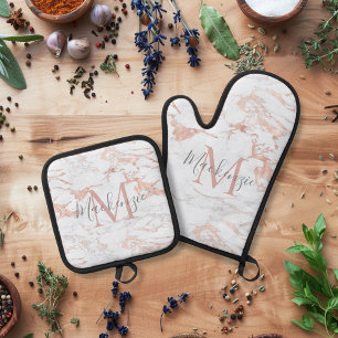 バラエレガント金箔ホワイトマーブルモノグラム 鍋つかみ&鍋敷きセット