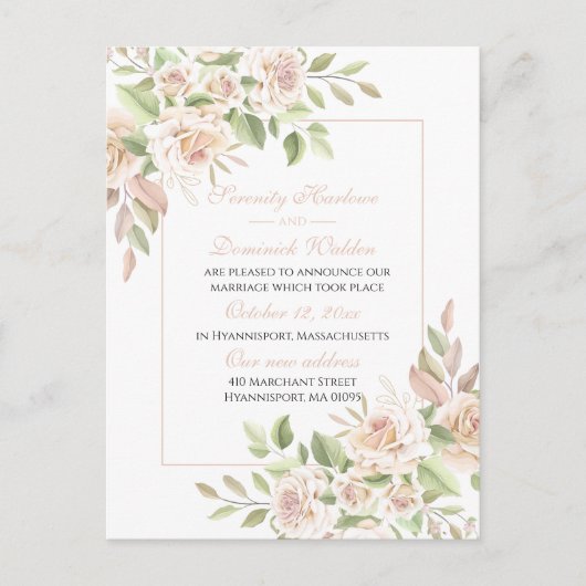 バラエレガント・ピンク・フローラ・たった今結婚しました結婚ズ  案内ポストカード (正面)