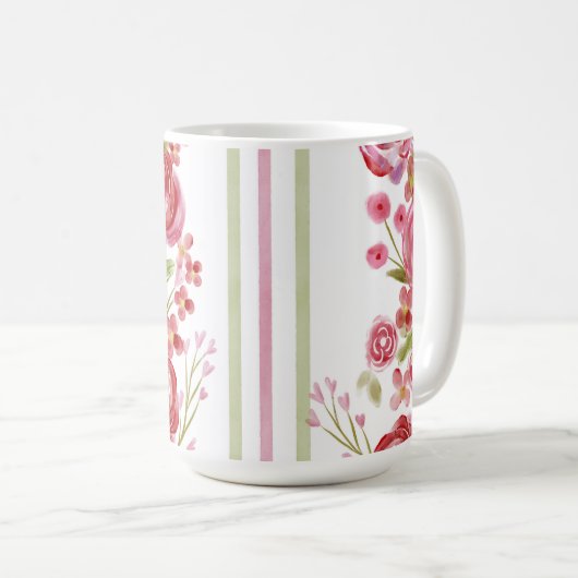 バラオン白&ヴィンテージ花模様とクラシックストライプ コーヒーマグカップ (正面右)