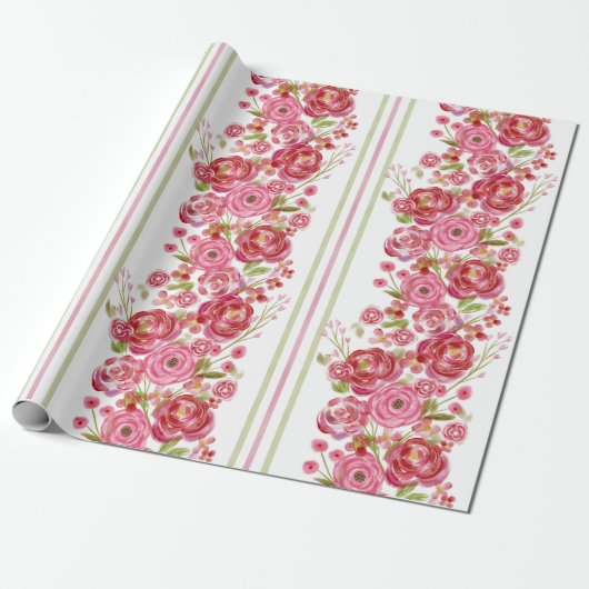 バラオン白&ヴィンテージ花模様とクラシックストライプ ラッピングペーパー (アンロールド)