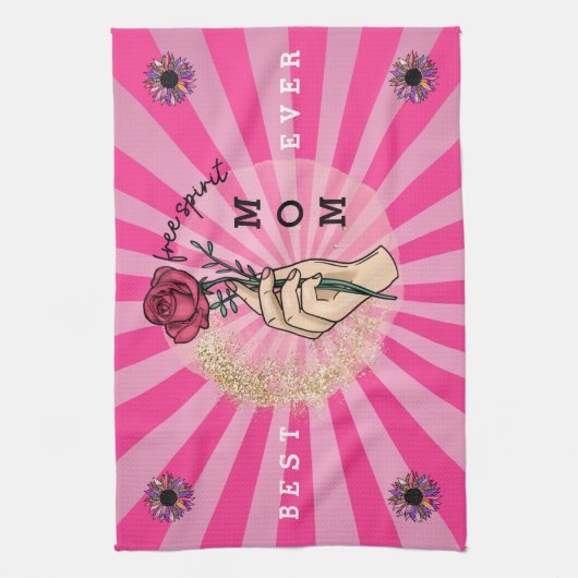 バラカスタマイズエレガントフローラピンクグリッター キッチンタオル (縦)