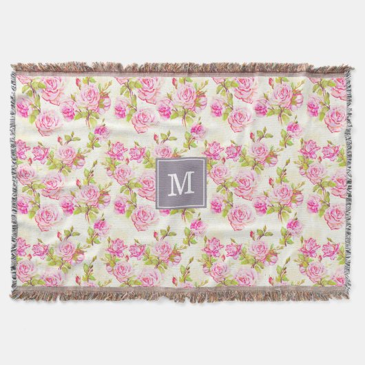 バラカスタムフローラルパターンオールド花モノグラムスローB スローブランケット (正面)