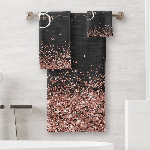 バラカスタム金ゴールドグリッターブラックスパークルモノグラム バスタオルセット