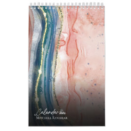 バラカスタム金ゴールドブルー大理石ウォーターカラーグリッター カレンダー