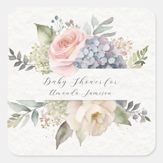 バラガーデンスイートバタフライピンクベビーガールシャワー スクエアシール (正面)