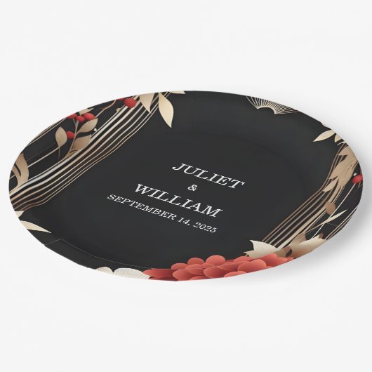 バラガーデンダイヤモンドレッドブラックと金ゴールド結婚ズ ペーパープレート (アングル)