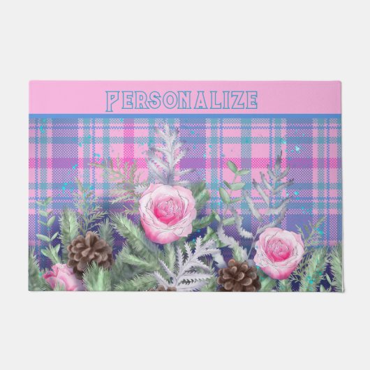 バラガーデンパインコーンピンクブループレイド ドアマット (正面)