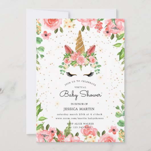 バラガーデン眠いユニコーン仮想ベビーシャワー 招待状 (正面)