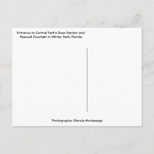 バラガーデン&ピーコックファウンテンウィンターパークフロリダ ポストカード (裏面)