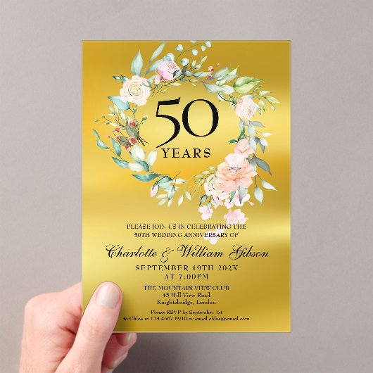バラガーランドゴールドフォイル結婚50周年記念 アクリル招待状 (インサイチュ (ポータブル))