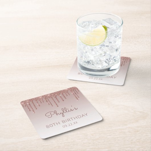 バラガーリー金ゴールドグリッタードリップ80th誕生日パーティー スクエアペーパーコースター (インサイチュ)