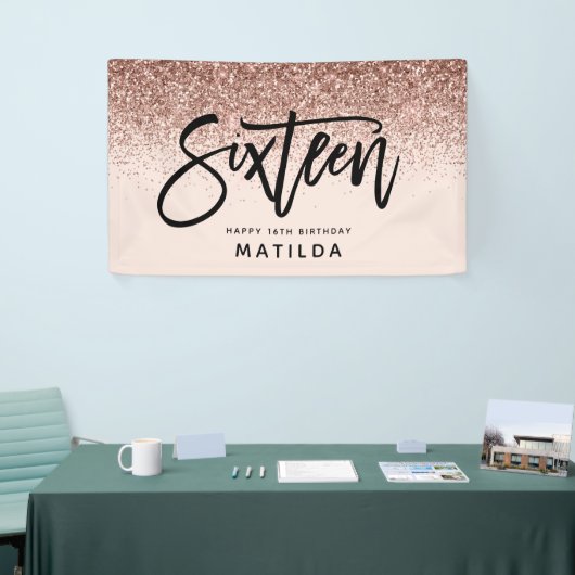 バラガーリー金ゴールドグリッターピンクタイポグラフ16誕生日 横断幕 (トレードショー)