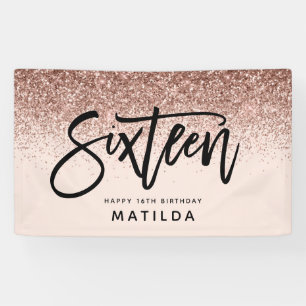 バラガーリー金ゴールドグリッターピンクタイポグラフ16誕生日 横断幕