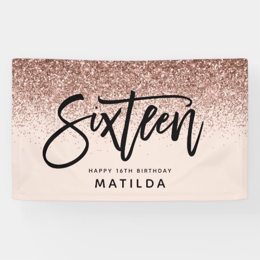 バラガーリー金ゴールドグリッターピンクタイポグラフ16誕生日 横断幕 (横)