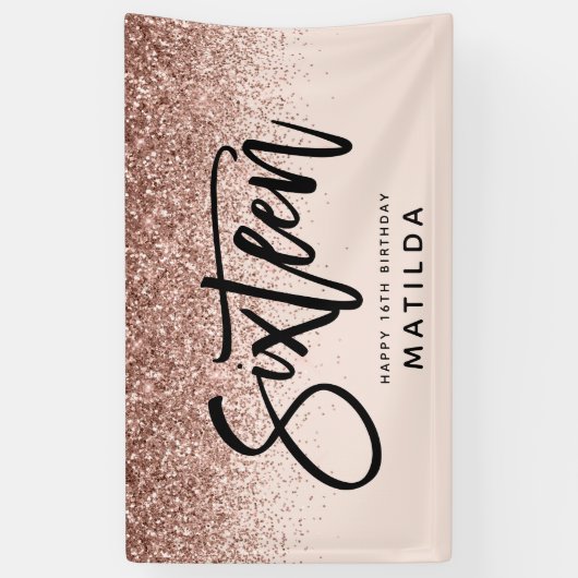 バラガーリー金ゴールドグリッターピンクタイポグラフ16誕生日 横断幕 (縦)