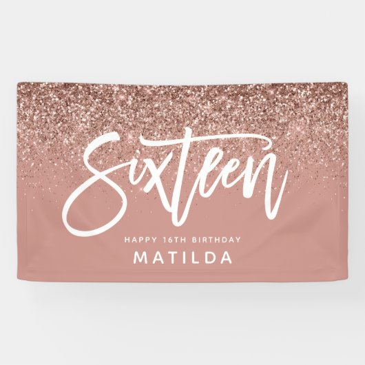 バラガーリー金ゴールドグリッターピンクタイポグラフ16誕生日 横断幕 (横)