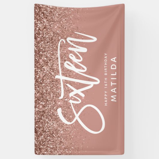 バラガーリー金ゴールドグリッターピンクタイポグラフ16誕生日 横断幕 (縦)
